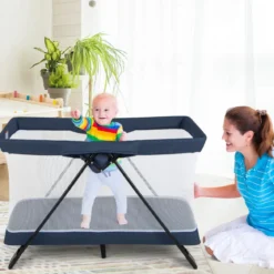 2 in 1 Babybett & Laufstall Klappbar Reisebett mit Matratze Marineblau