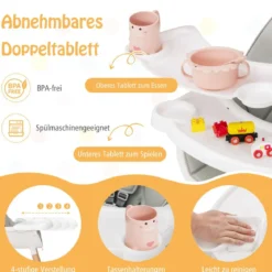 2 in 1 Babyhochstuhl aus Buchenholz mit 5-Punkt-Sicherheitsgurt & Doppeltablett Grau