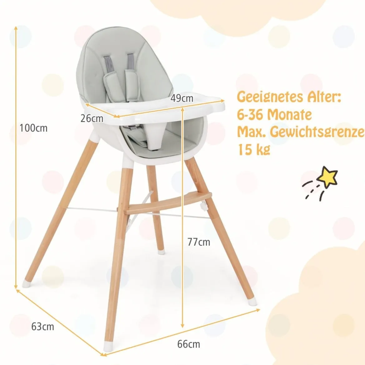 2 in 1 Babyhochstuhl aus Buchenholz mit 5-Punkt-Sicherheitsgurt & Doppeltablett Grau