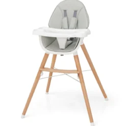 2 in 1 Babyhochstuhl aus Buchenholz mit 5-Punkt-Sicherheitsgurt & Doppeltablett Grau