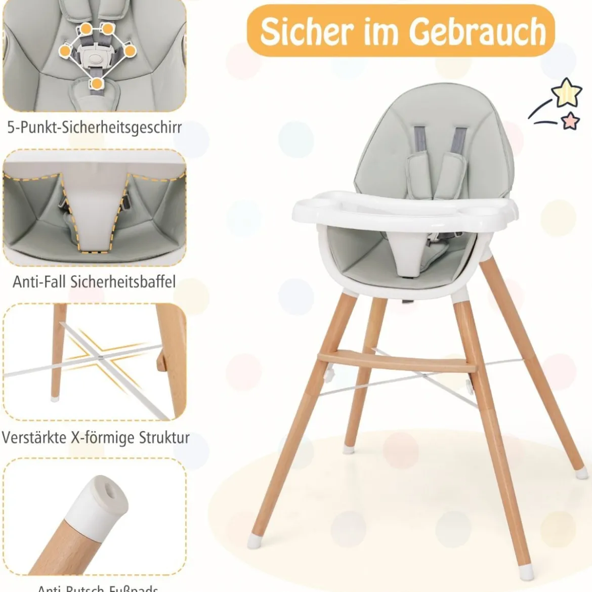 2 in 1 Babyhochstuhl aus Buchenholz mit 5-Punkt-Sicherheitsgurt & Doppeltablett Grau