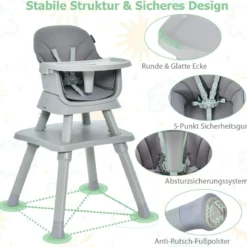 6-in-1 Babyhochstuhl Hochstuhl & Essstuhl & Lerntisch & Bausteintisch & Kindersitzgruppe Grau