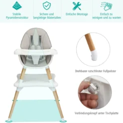 4-in-1 Babyhochstuhl Hochstuhl Essstuhl Kinderstuhl Kindersitzgruppe Kinderhochstuhl hoehenverstellbar Babystuhl Grau