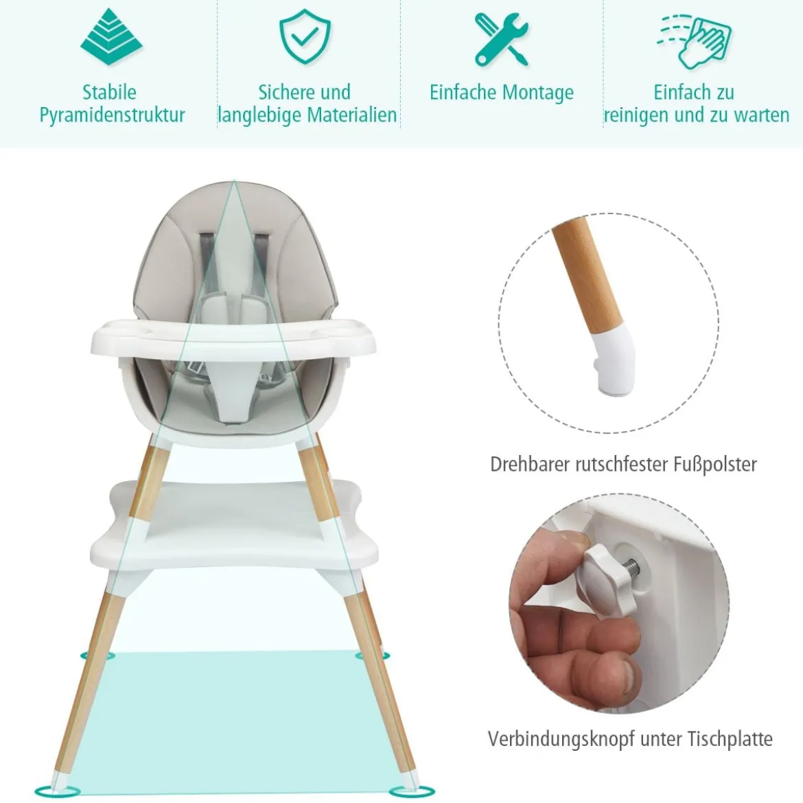 4-in-1 Babyhochstuhl Hochstuhl Essstuhl Kinderstuhl Kindersitzgruppe Kinderhochstuhl hoehenverstellbar Babystuhl Grau