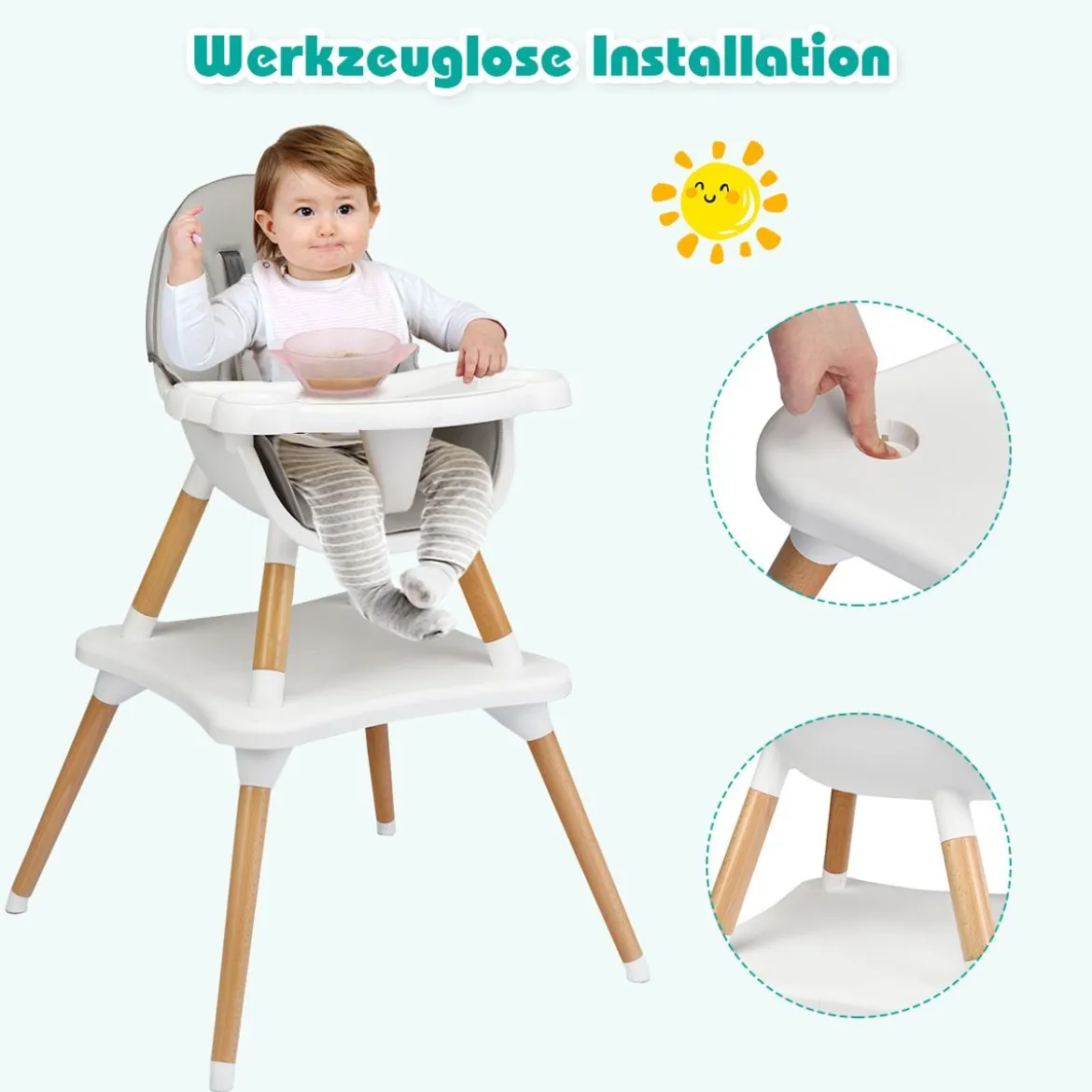 4-in-1 Babyhochstuhl Hochstuhl Essstuhl Kinderstuhl Kindersitzgruppe Kinderhochstuhl hoehenverstellbar Babystuhl Grau