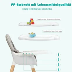 4-in-1 Babyhochstuhl Hochstuhl Essstuhl Kinderstuhl Kindersitzgruppe Kinderhochstuhl hoehenverstellbar Babystuhl Grau