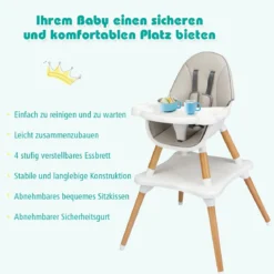 4-in-1 Babyhochstuhl Hochstuhl Essstuhl Kinderstuhl Kindersitzgruppe Kinderhochstuhl hoehenverstellbar Babystuhl Grau
