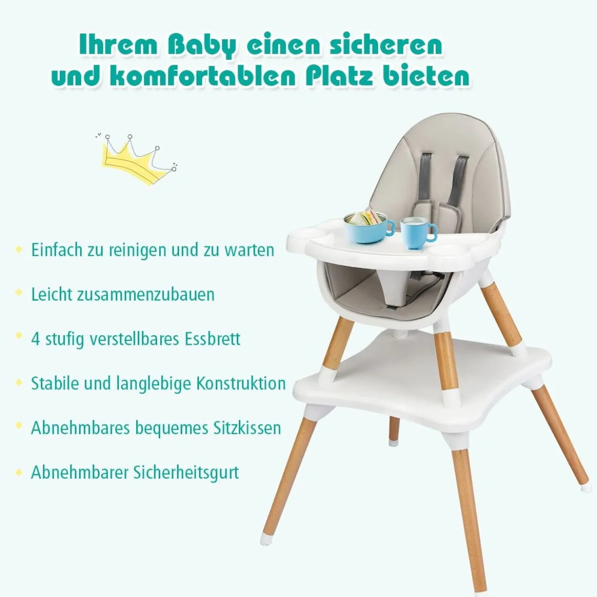4-in-1 Babyhochstuhl Hochstuhl Essstuhl Kinderstuhl Kindersitzgruppe Kinderhochstuhl hoehenverstellbar Babystuhl Grau