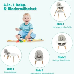 4-in-1 Babyhochstuhl Hochstuhl Essstuhl Kinderstuhl Kindersitzgruppe Kinderhochstuhl hoehenverstellbar Babystuhl Grau