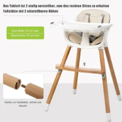 2-in-1 Babyhochstuhl Kinderhochstuhl aus Holz einstellbar 57 x 57 x 83 cm Cremeweiß + Natur