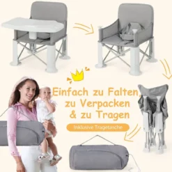 3 in 1 Babyhochstuhl Klappbar Hochstuhl & Essstuhl & Sitzerhöhung Weiß + Grau