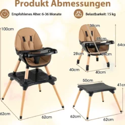 6 in 1 Baby Hochstuhl mit Bausteintisch & Abnehmbarem Doppeltablett Kinderhochstuhl Braun