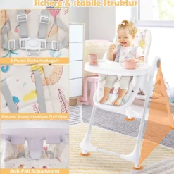 3-in-1-Babyhochstuhl mit 5-fach verstellbarer Fußstütze 3-fach verstellbarer Rückenlehne & 4 Universalrädern Beige