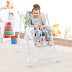 3-in-1-Babyhochstuhl mit 5-fach verstellbarer Fußstütze 3-fach verstellbarer Rückenlehne & 4 Universalrädern Grau