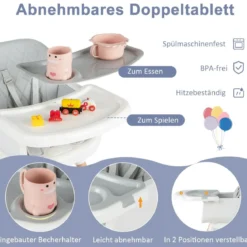 6 in 1 Babyhochstuhl mit Verstellbaren Beinen & Abnehmbarem Doppeltablett & Sicherheitsgurt Grau