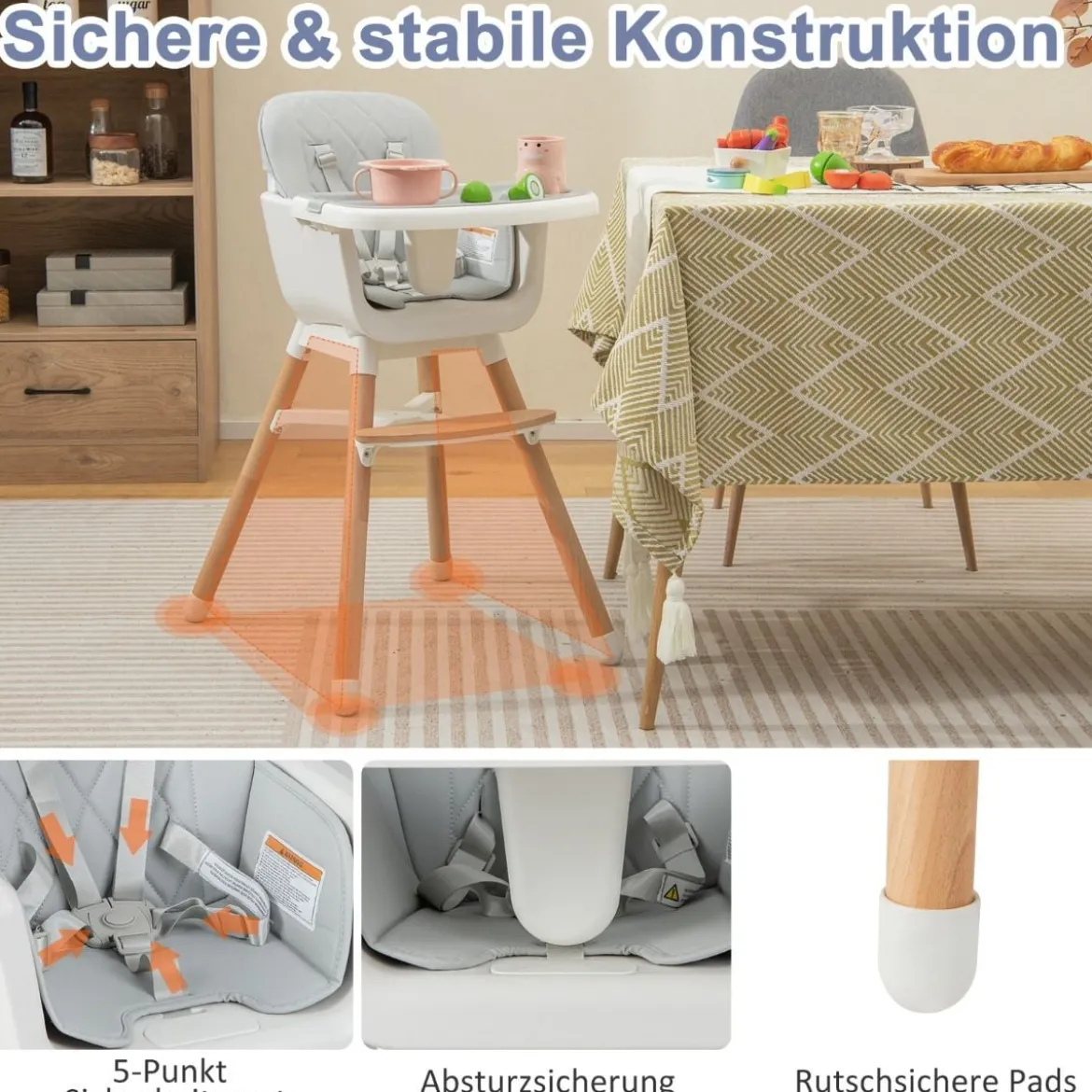 6 in 1 Babyhochstuhl mit Verstellbaren Beinen & Abnehmbarem Doppeltablett & Sicherheitsgurt Grau