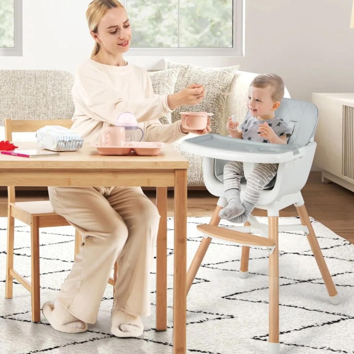 6 in 1 Babyhochstuhl mit Verstellbaren Beinen & Abnehmbarem Doppeltablett & Sicherheitsgurt Grau