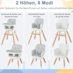 6 in 1 Babyhochstuhl mit Verstellbaren Beinen & Abnehmbarem Doppeltablett & Sicherheitsgurt Grau