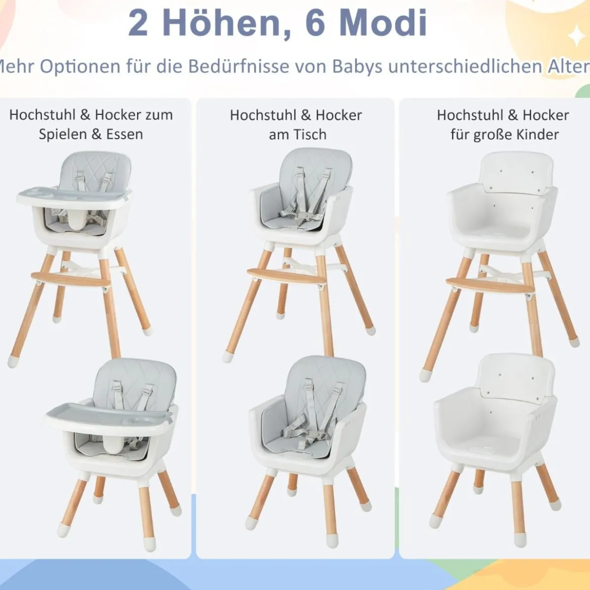 6 in 1 Babyhochstuhl mit Verstellbaren Beinen & Abnehmbarem Doppeltablett & Sicherheitsgurt Grau
