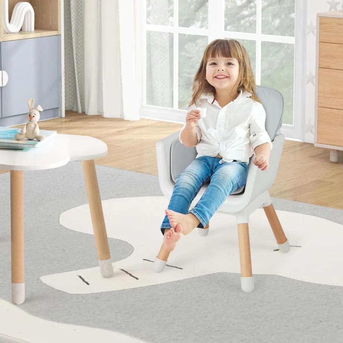6 in 1 Babyhochstuhl mit Verstellbaren Beinen & Abnehmbarem Doppeltablett & Sicherheitsgurt Grau