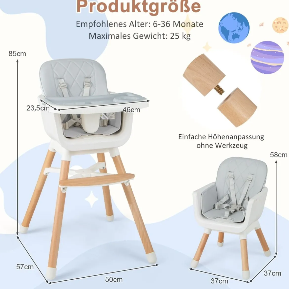 6 in 1 Babyhochstuhl mit Verstellbaren Beinen & Abnehmbarem Doppeltablett & Sicherheitsgurt Grau