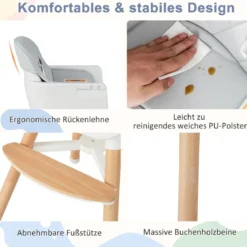 6 in 1 Babyhochstuhl mit Verstellbaren Beinen & Abnehmbarem Doppeltablett & Sicherheitsgurt Grau