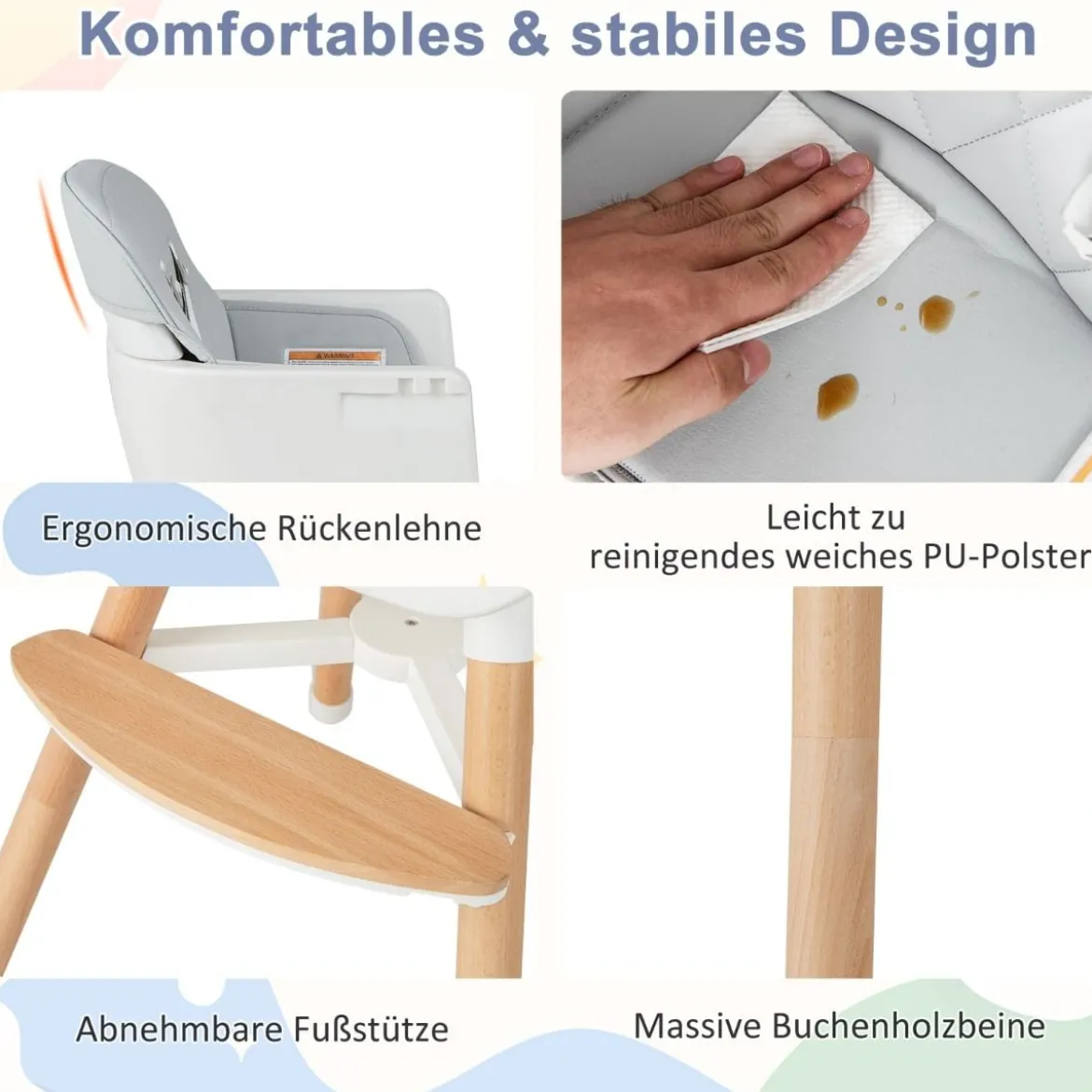 6 in 1 Babyhochstuhl mit Verstellbaren Beinen & Abnehmbarem Doppeltablett & Sicherheitsgurt Grau