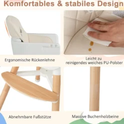 6 in 1 Babyhochstuhl mit Verstellbaren Beinen & Abnehmbarem Doppeltablett & Sicherheitsgurt Beige