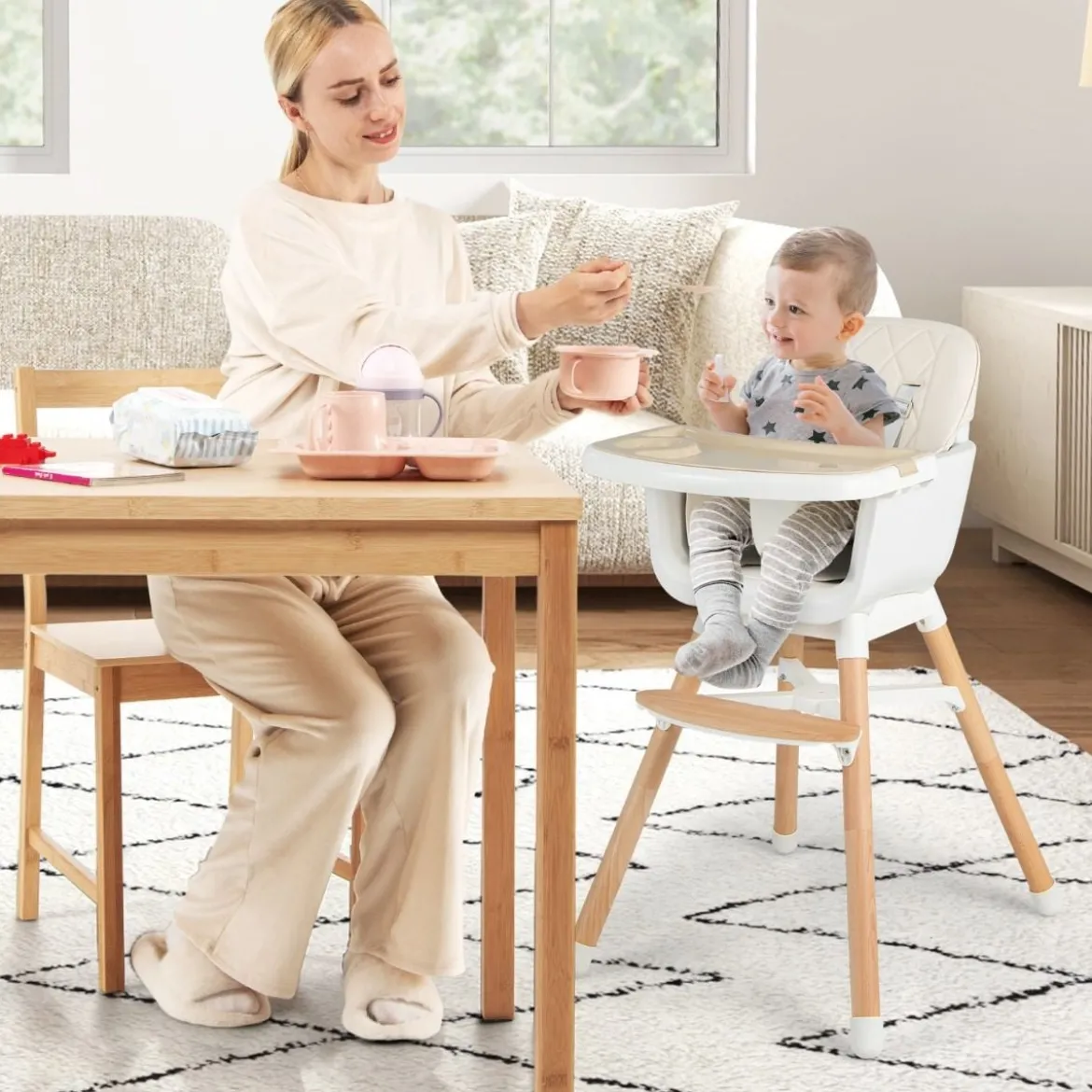 6 in 1 Babyhochstuhl mit Verstellbaren Beinen & Abnehmbarem Doppeltablett & Sicherheitsgurt Beige