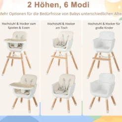 6 in 1 Babyhochstuhl mit Verstellbaren Beinen & Abnehmbarem Doppeltablett & Sicherheitsgurt Beige