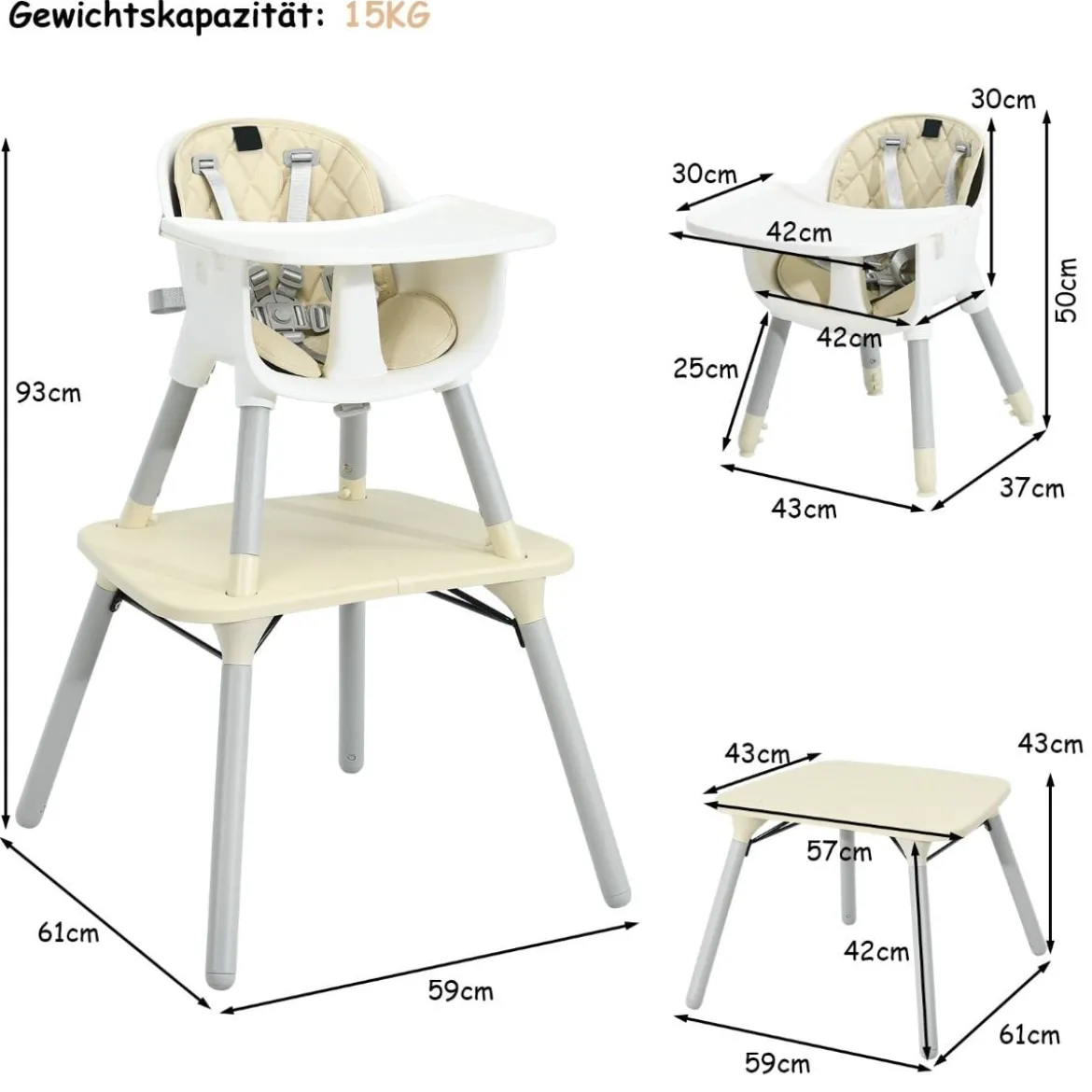 4 in 1 Baby-Hochstuhl Umwandelbarer Babystuhl 59 x 62 x 93 cm Beige