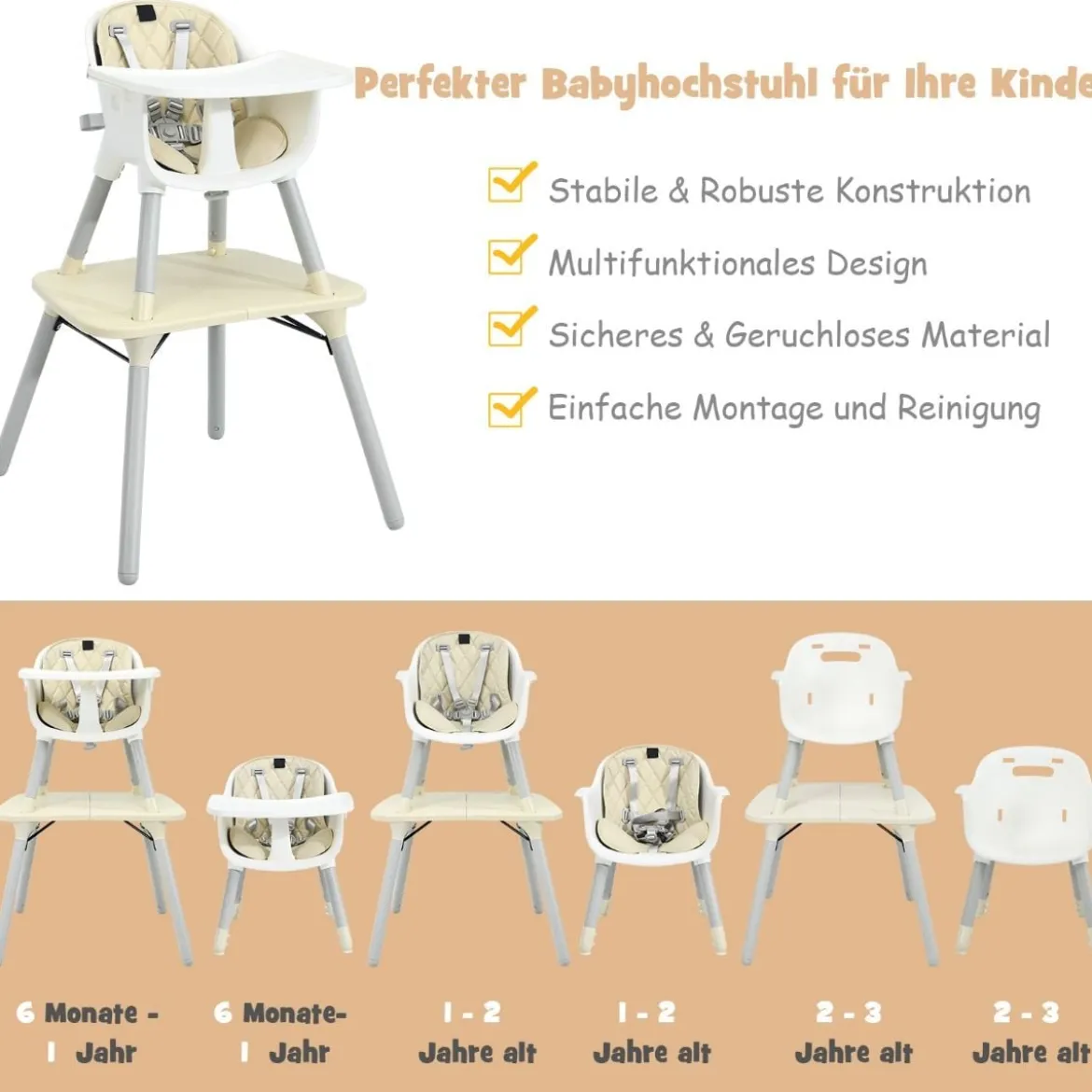 4 in 1 Baby-Hochstuhl Umwandelbarer Babystuhl 59 x 62 x 93 cm Beige