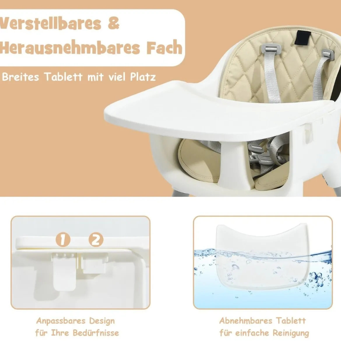 4 in 1 Baby-Hochstuhl Umwandelbarer Babystuhl 59 x 62 x 93 cm Beige