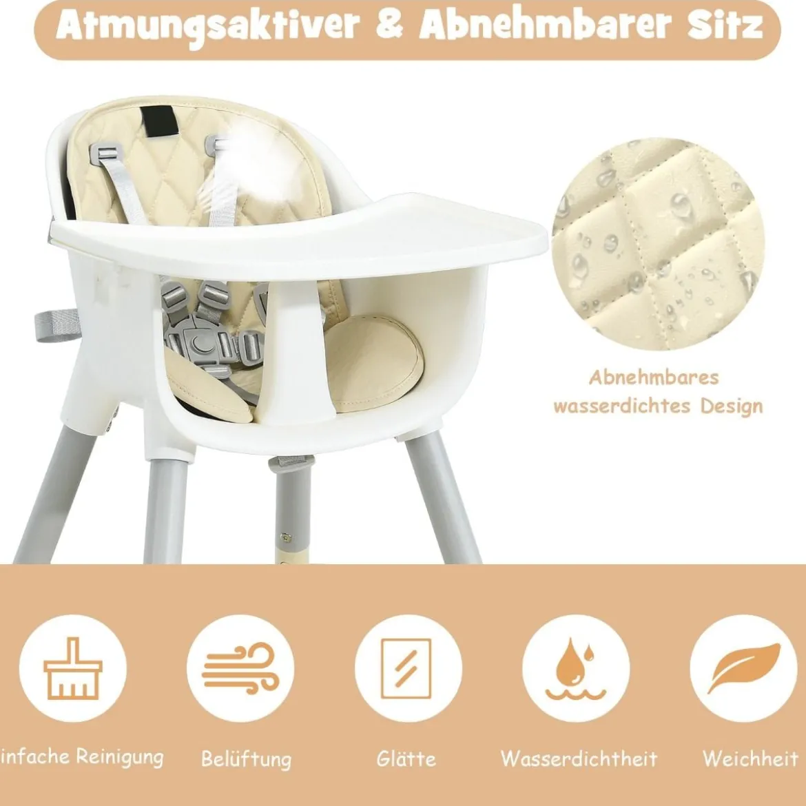 4 in 1 Baby-Hochstuhl Umwandelbarer Babystuhl 59 x 62 x 93 cm Beige