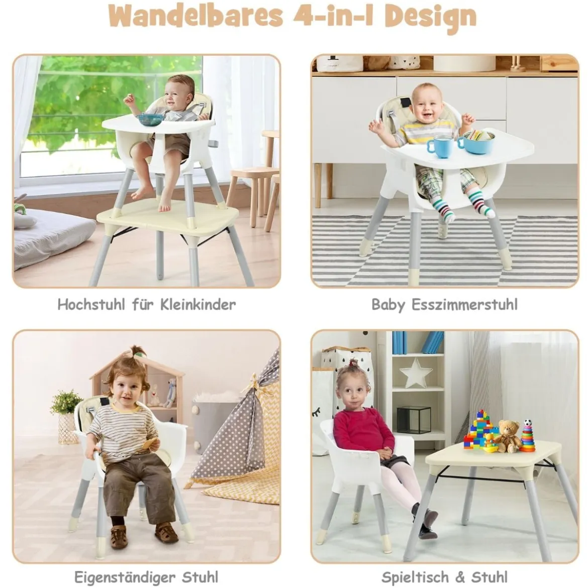 4 in 1 Baby-Hochstuhl Umwandelbarer Babystuhl 59 x 62 x 93 cm Beige