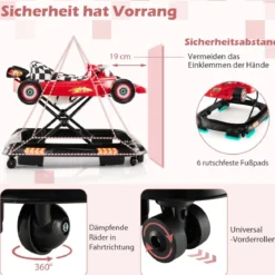 4 in 1 Baby Lauflernhilfe mit Verstellbarer Höhen & Abnehmbarem Spieltablett Autoförmige Lauflernwagen