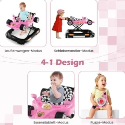 4 in 1 Baby Lauflernhilfe mit Verstellbarer Höhen & Abnehmbarem Spieltablett Autoförmige Lauflernwagen