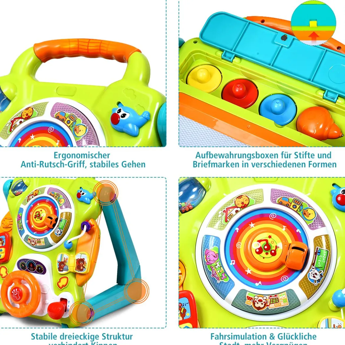 3 in 1 Baby-Lauflernhilfe Spielbrett Zeichentisch mit Musik & Lichter 35 x 37 x 41,8 cm Bunt