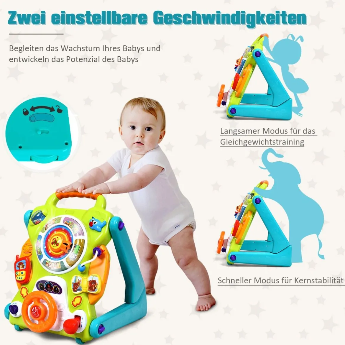 3 in 1 Baby-Lauflernhilfe Spielbrett Zeichentisch mit Musik & Lichter 35 x 37 x 41,8 cm Bunt