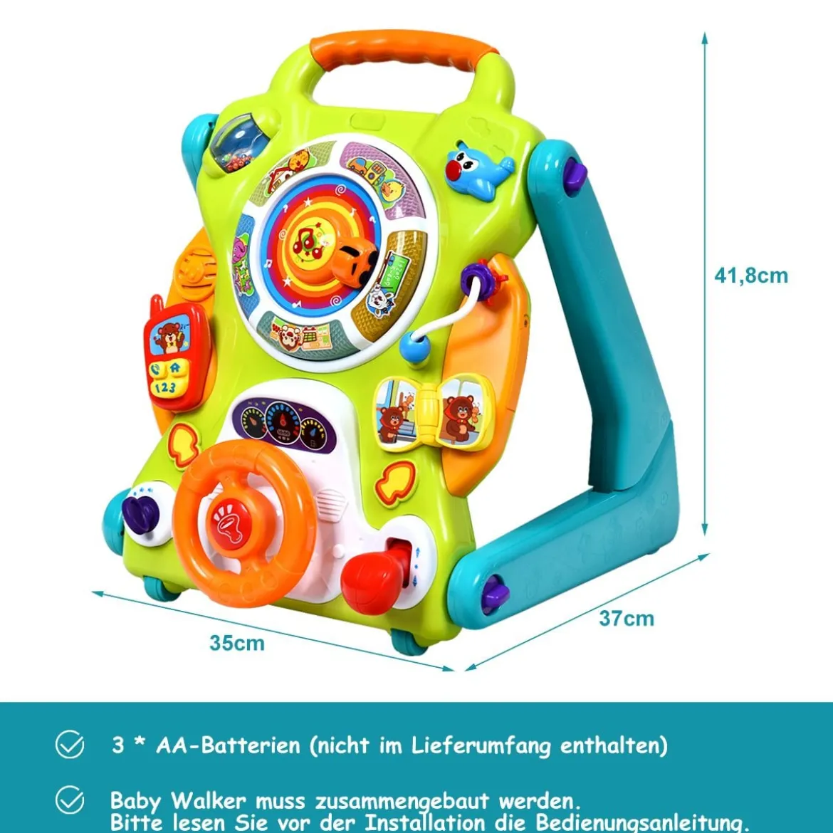 3 in 1 Baby-Lauflernhilfe Spielbrett Zeichentisch mit Musik & Lichter 35 x 37 x 41,8 cm Bunt