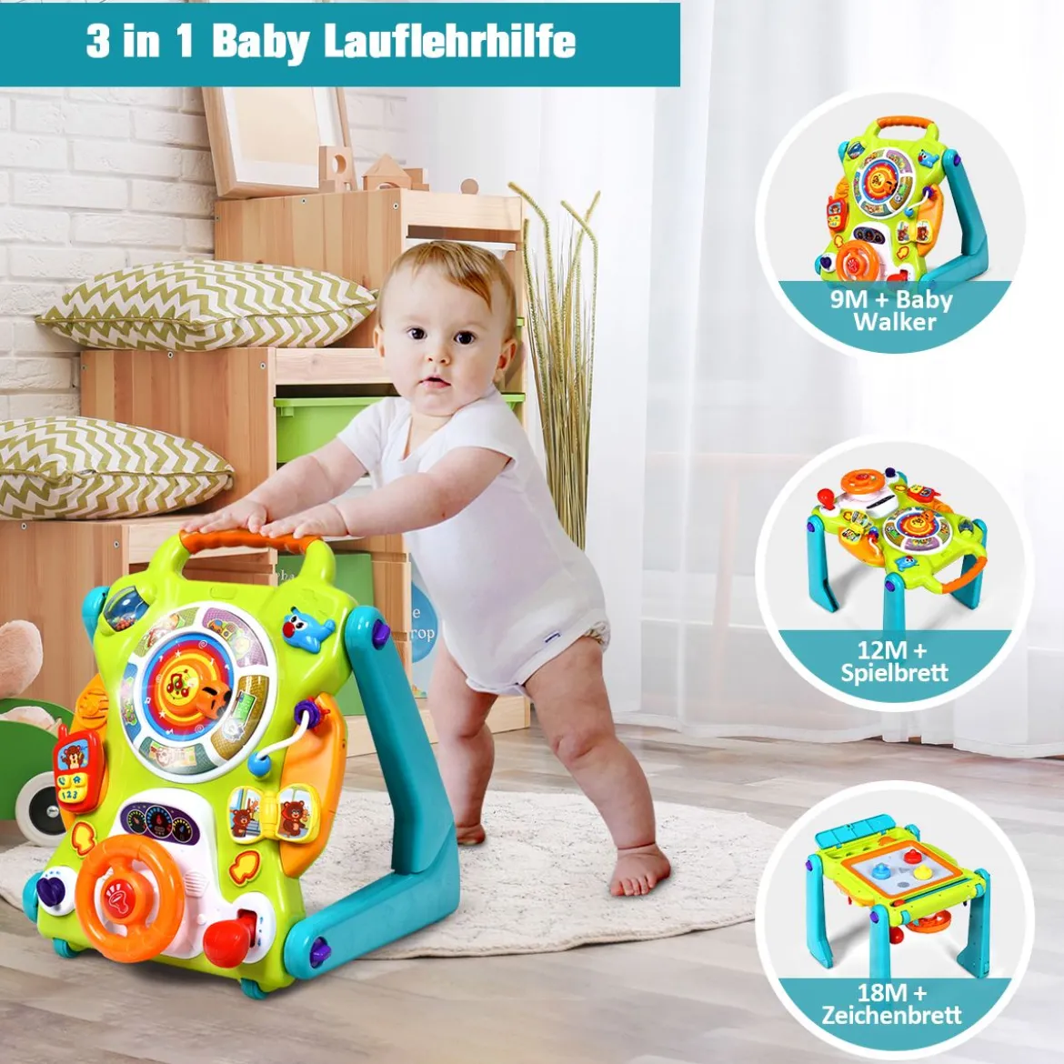 3 in 1 Baby-Lauflernhilfe Spielbrett Zeichentisch mit Musik & Lichter 35 x 37 x 41,8 cm Bunt