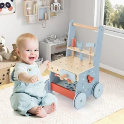 2 in 1 Baby Lauflernhilfe Werkzeugspielzeug mit Multi-Aktivitätszentrum & Unterem Stauraum