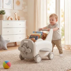 3-in-1 Baby Lauflernwagen aus Kunststoff Lauflernhilfe mit Klappbarer Sitz Stauraum Rädern Zugseil & Griff