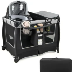 6-in-1 Baby Reisebett tragbarer Baby-Laufstall mit Schaukelwiege Wickeltisch Grün/Grau