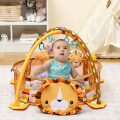 4 in 1 Baby Spielmatte mit 4 Hängespielzeugen & Löwentasche & 30 Ozeanbällen