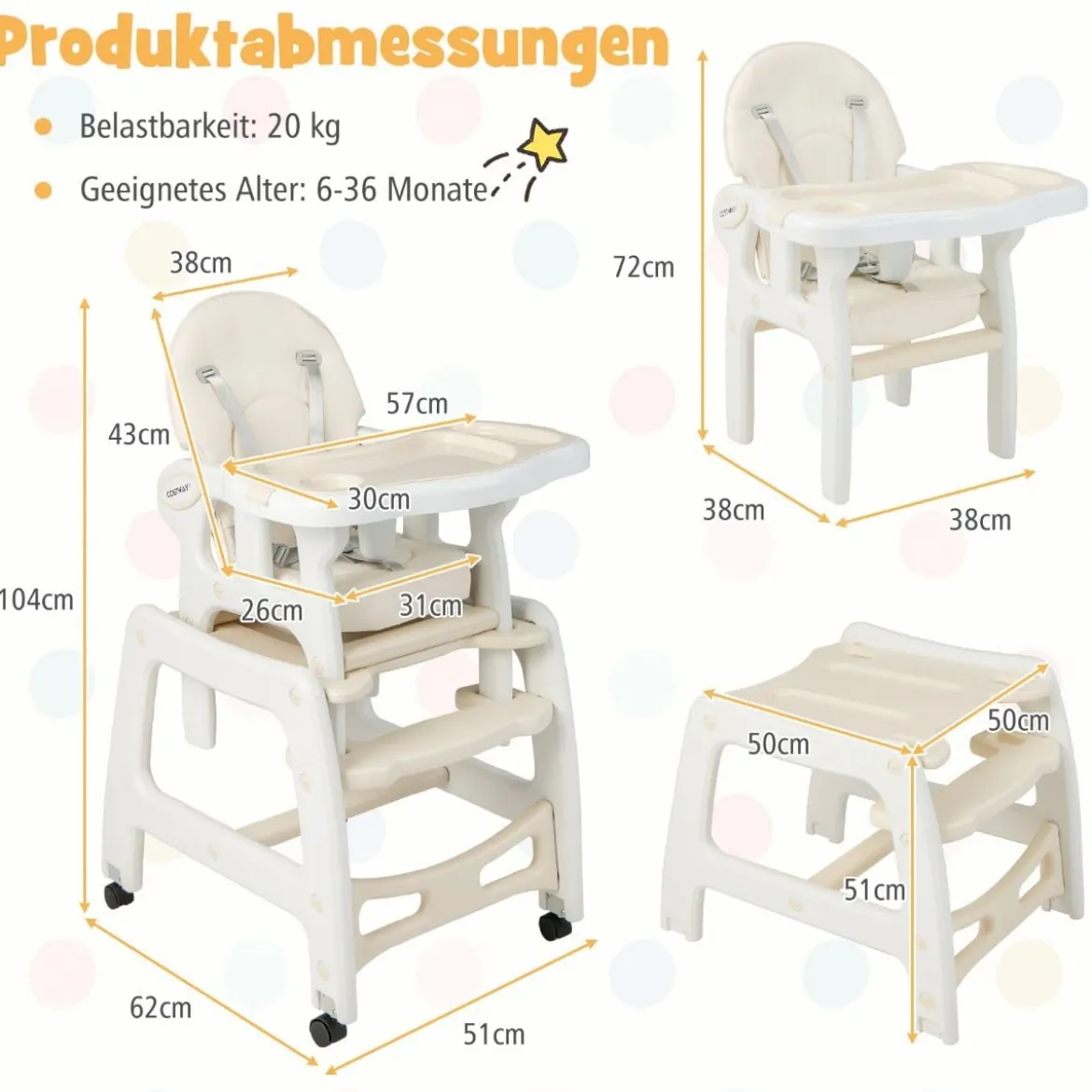 3 in 1 Babystuhl Hochstuhl & Essstuhl & Kindersitzgruppe wandelbarer Babyhochstuhl