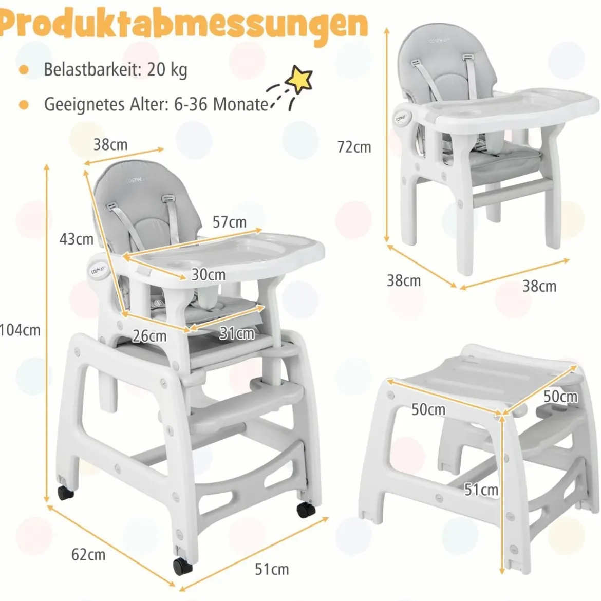 3 in 1 Babystuhl Hochstuhl & Essstuhl & Kindersitzgruppe wandelbarer Babyhochstuhl