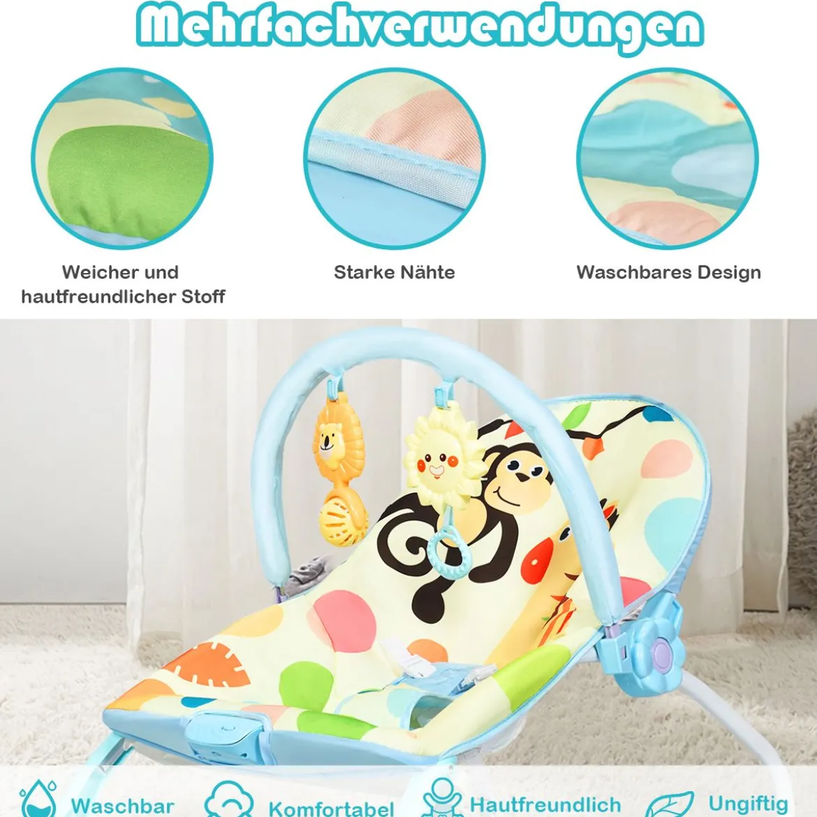 3 in 1 Babywippe Babyschaukel Babyliegestuhl Tragbare Schaukel Komfortabler Baby Schaukelstuhl Blau