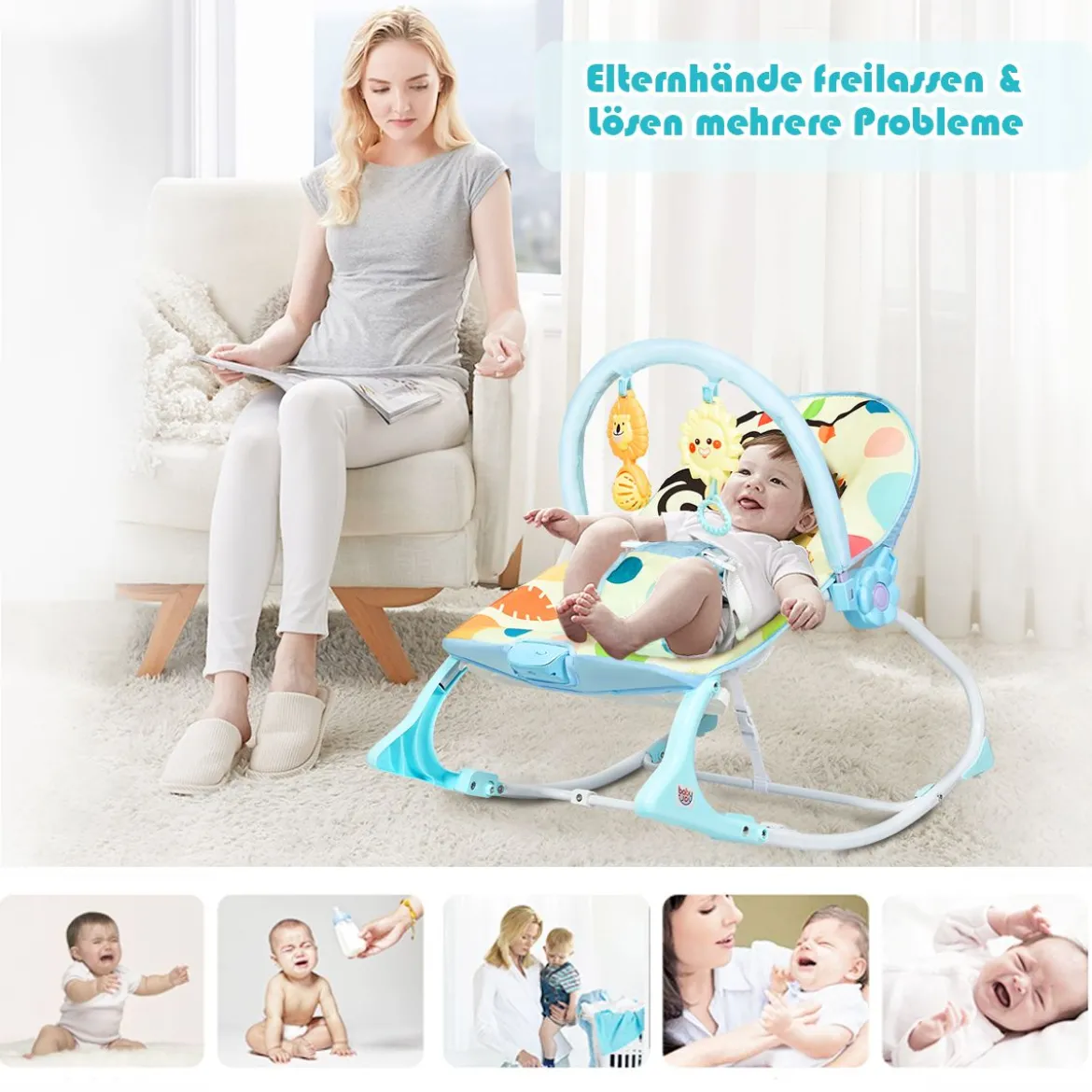 3 in 1 Babywippe Babyschaukel Babyliegestuhl Tragbare Schaukel Komfortabler Baby Schaukelstuhl Blau
