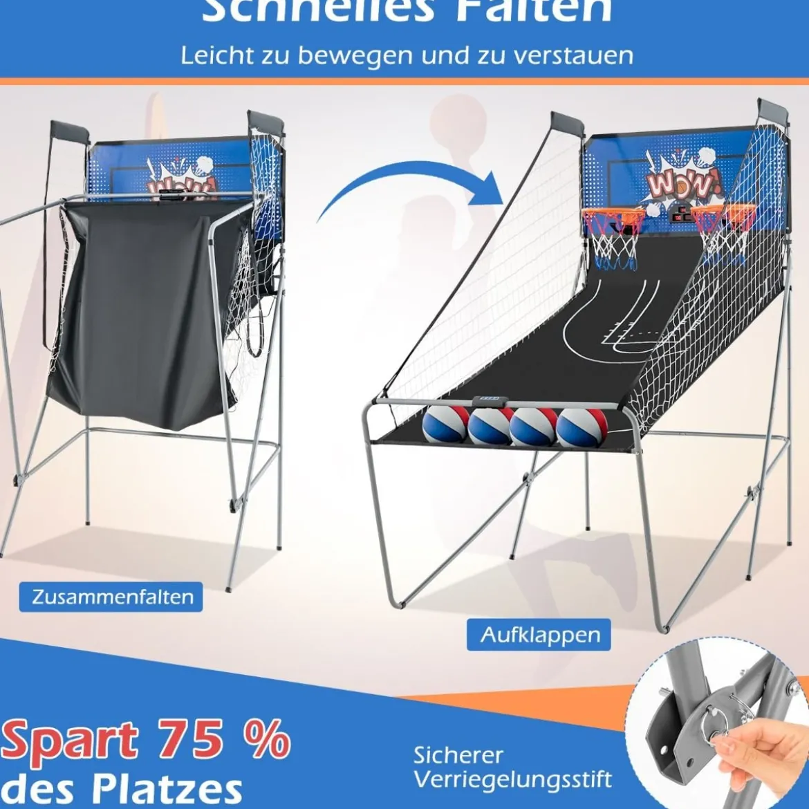 8 in 1 Basketballautomat Klappbarer Elektrischer Baskeltballständer Schießmaschine Blau